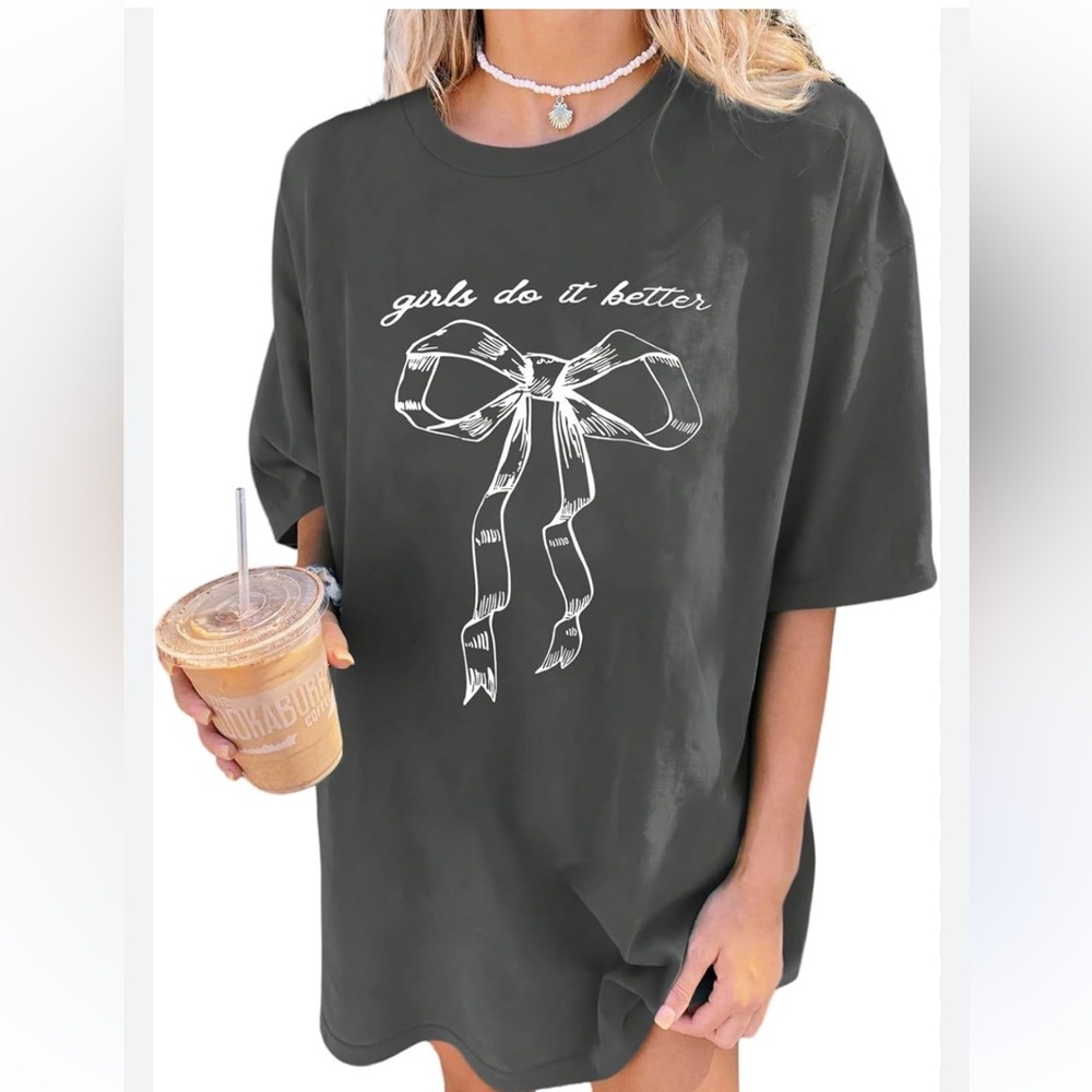 Bow Design Oversized Graphic T-Shirt Large Gray NWOT